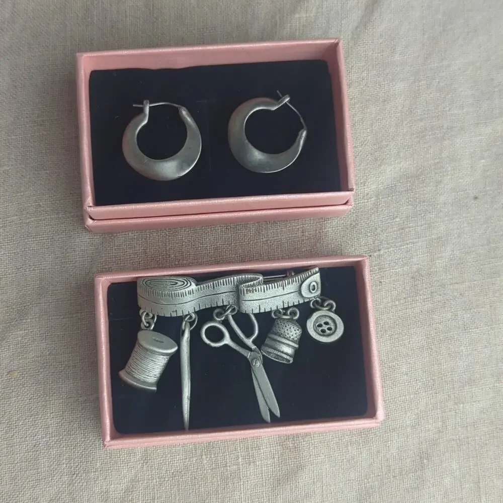 Vintage Sewing Motif Pin & Pewter Hoop Earrings Curated Maker Set